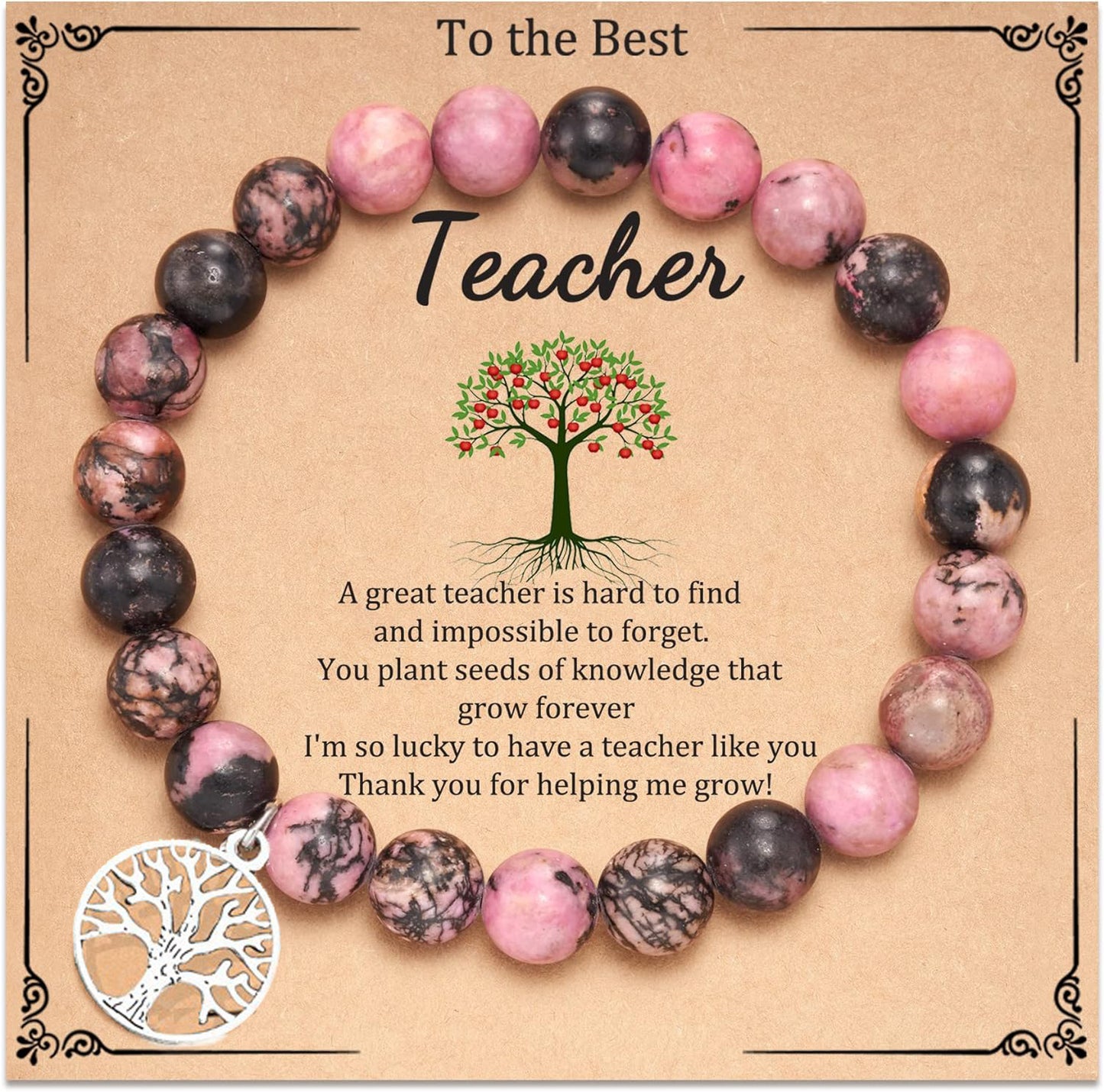Sweet Geometric Tree of Life Rhodochrosite Beaded Bracelet Unisex