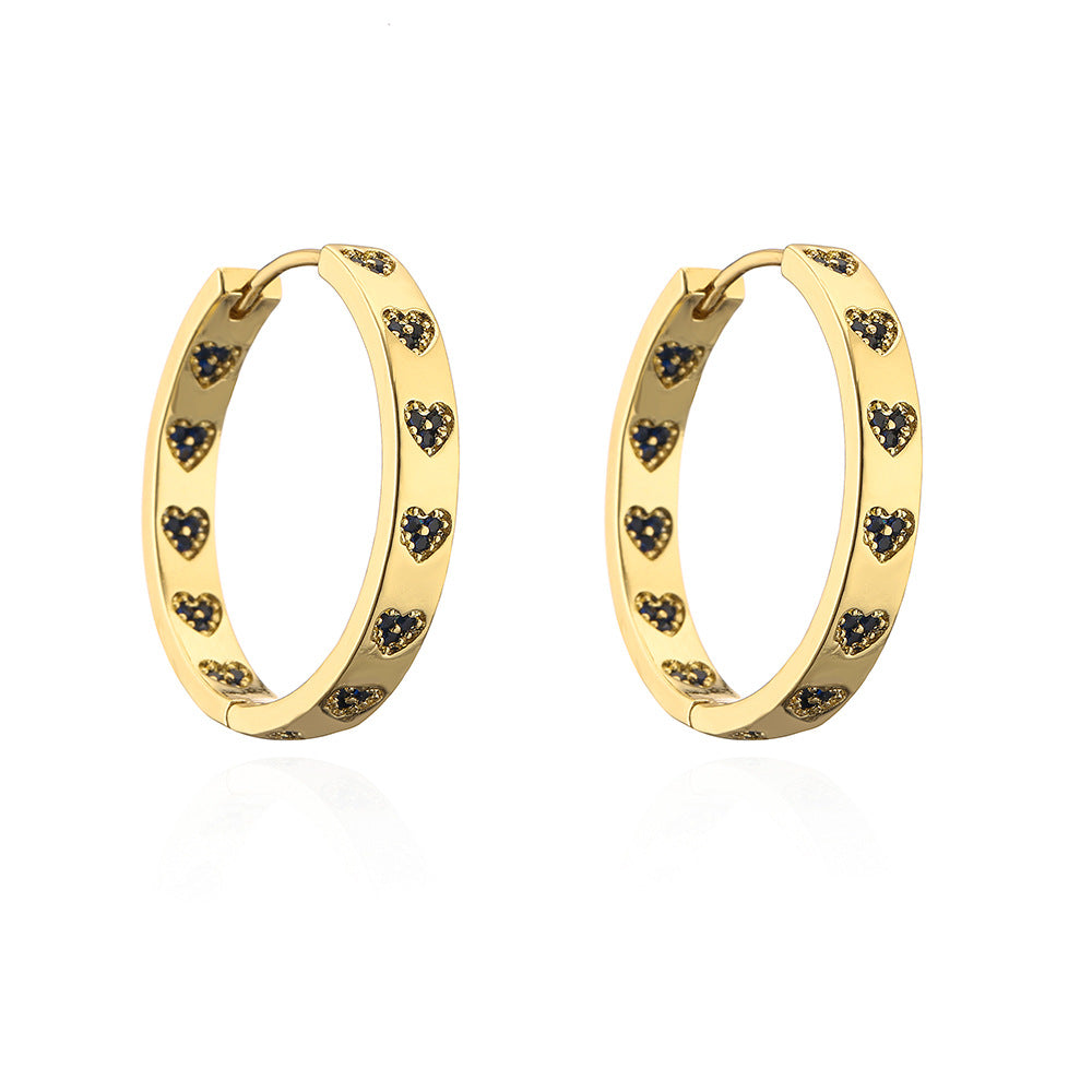 Orecchini a Cerchio Geometrici in Rame d'Ispirazione Vintage con Placcatura in Oro 18K e Accento a Cuore in Zirconia Cubica da Donna