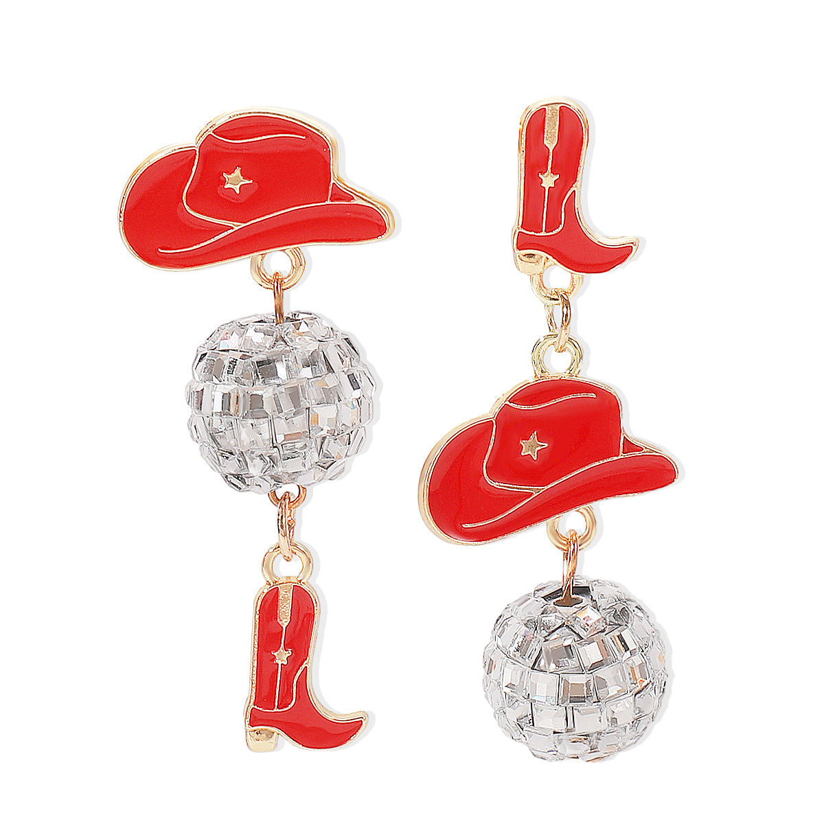 Sweet-Edgy Asymmetrical Oil-Dripped Cowboy Western Style Earrings with Hat and Boot Motifs and Ball Accents in Alloy