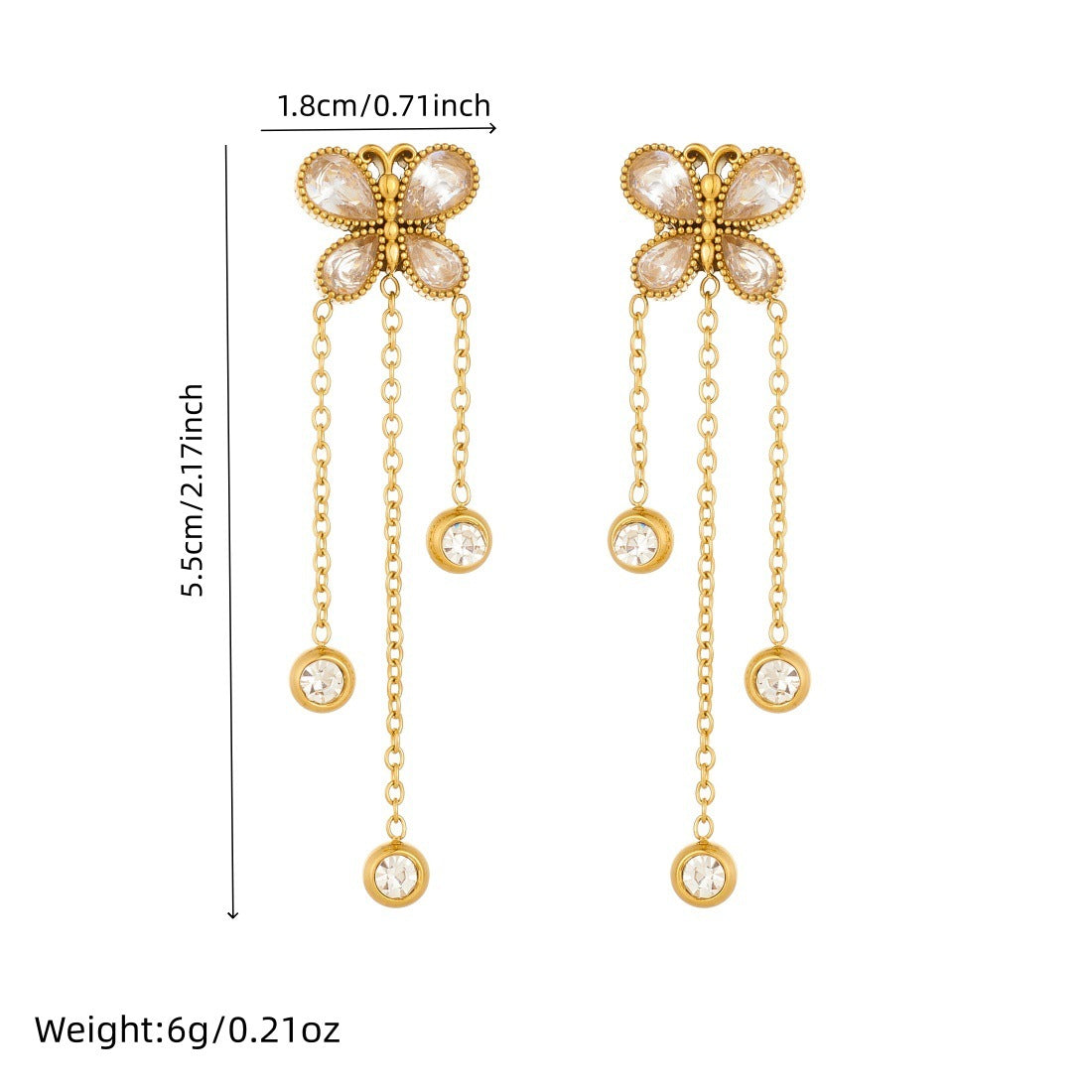Vintage Minimalist Gold Plated Stainless Steel Butterfly Round Rhinestone Tassel Drop Earrings