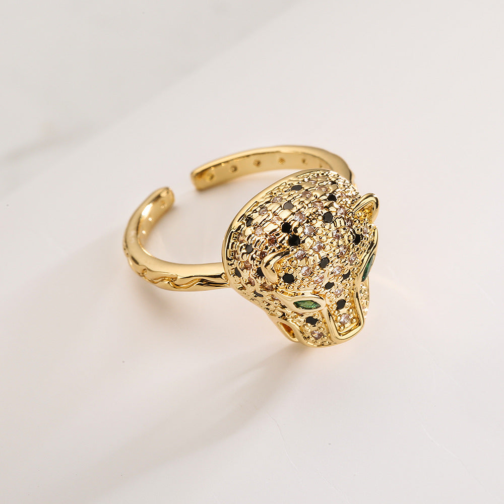 Anello aperto geometrico alla moda da donna con base in rame placcato in oro 18 carati e design a leopardo con zirconi micro-incastonati