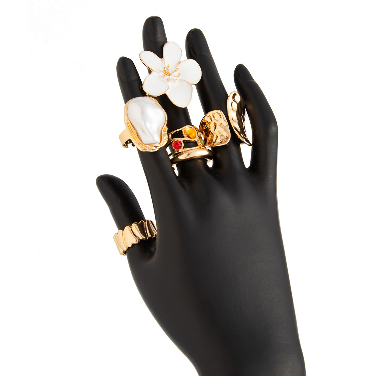 Sweet Hip-hop Floral Pearl Drip Oil Geometric Alloy Ring Set with Oval Cable Chain Necklace
