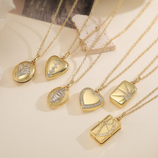 Vintage Minimalist Heart Geometric Brass Gold Plated Cubic Zirconia Photo Locket Pendant Necklace