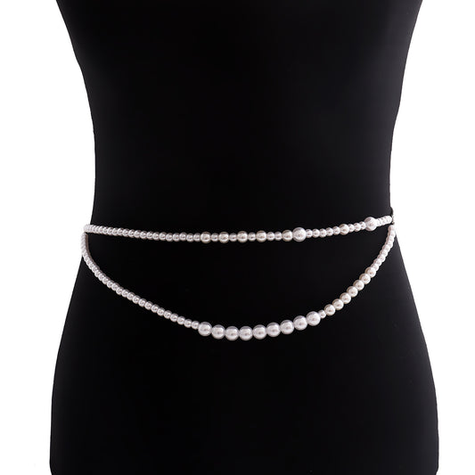 Minimalist Punk Double Layer Faux Pearl Metal Waist Chain for Women