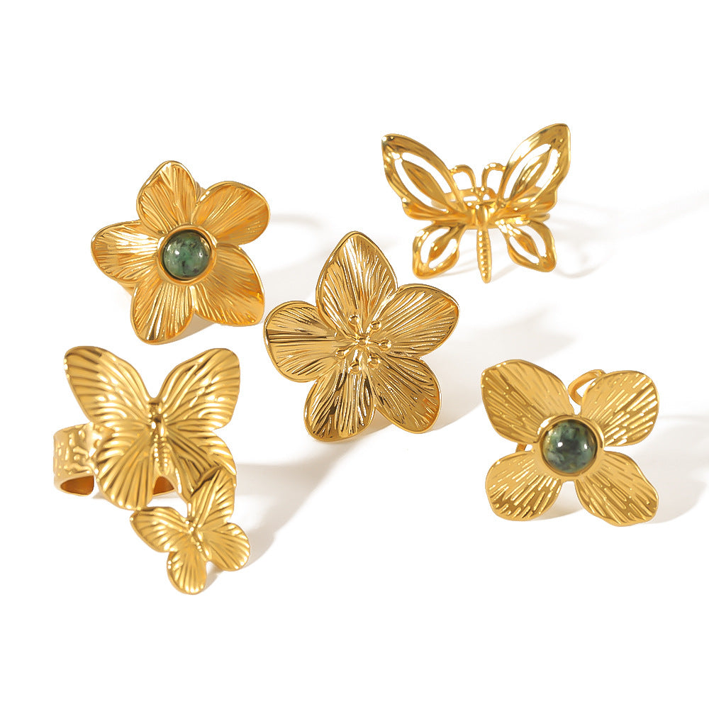 Floral Butterfly Shaped Stainless Steel Ring with 18K Gold Plating and Turquoise Inlay for Women