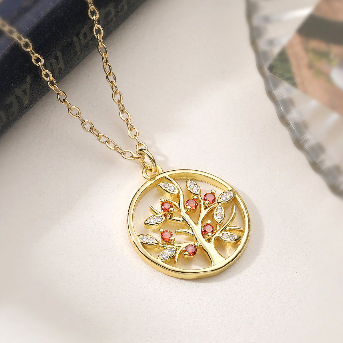 Minimalist Elegant Gold Plated Brass Geometric Tree of Life Pendant Necklace with Cubic Zirconia for Women