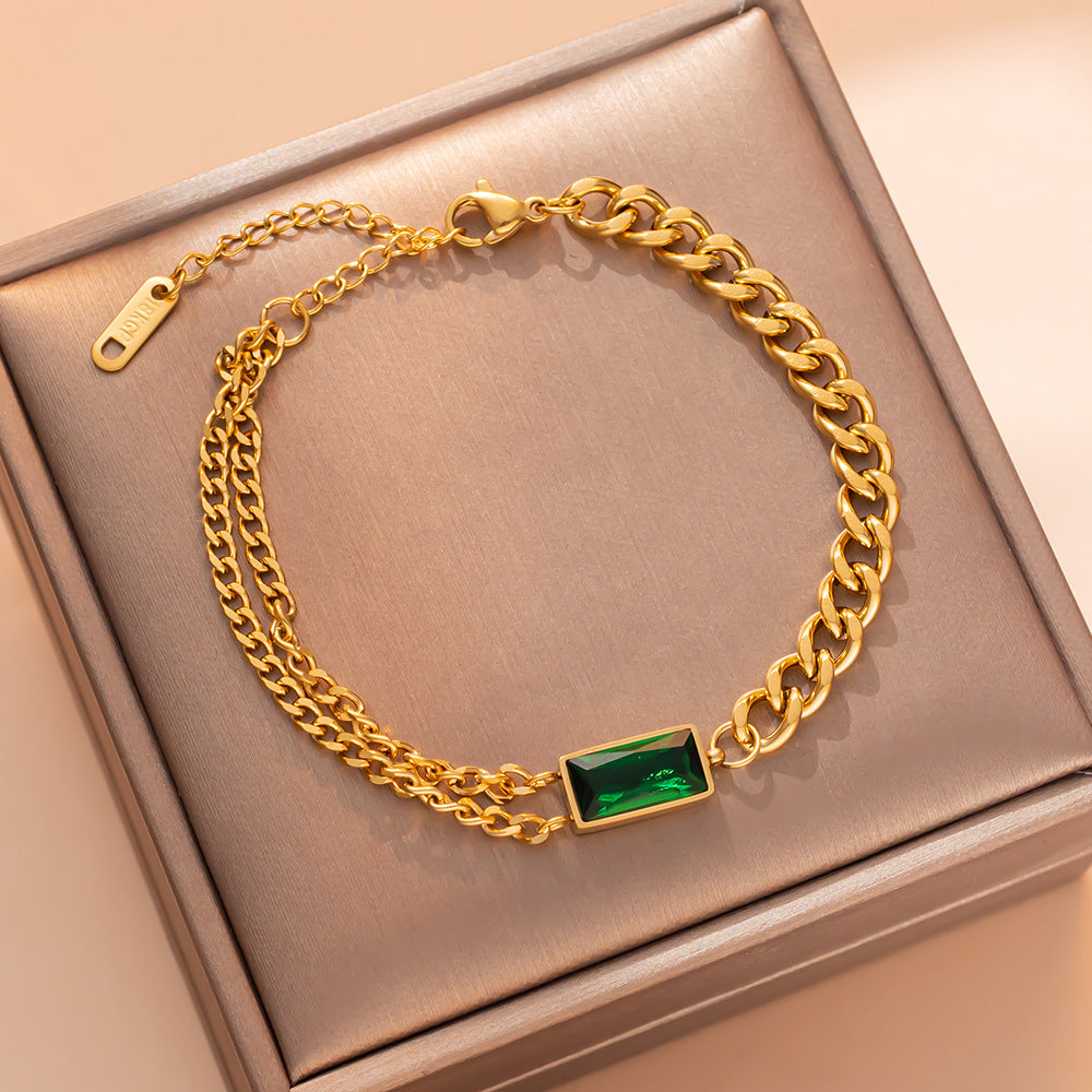 Geometric Square Green Rhinestone Titanium Steel Bracelet for Women with Plating Finish Fashionable Minimalist Hand Jewelry