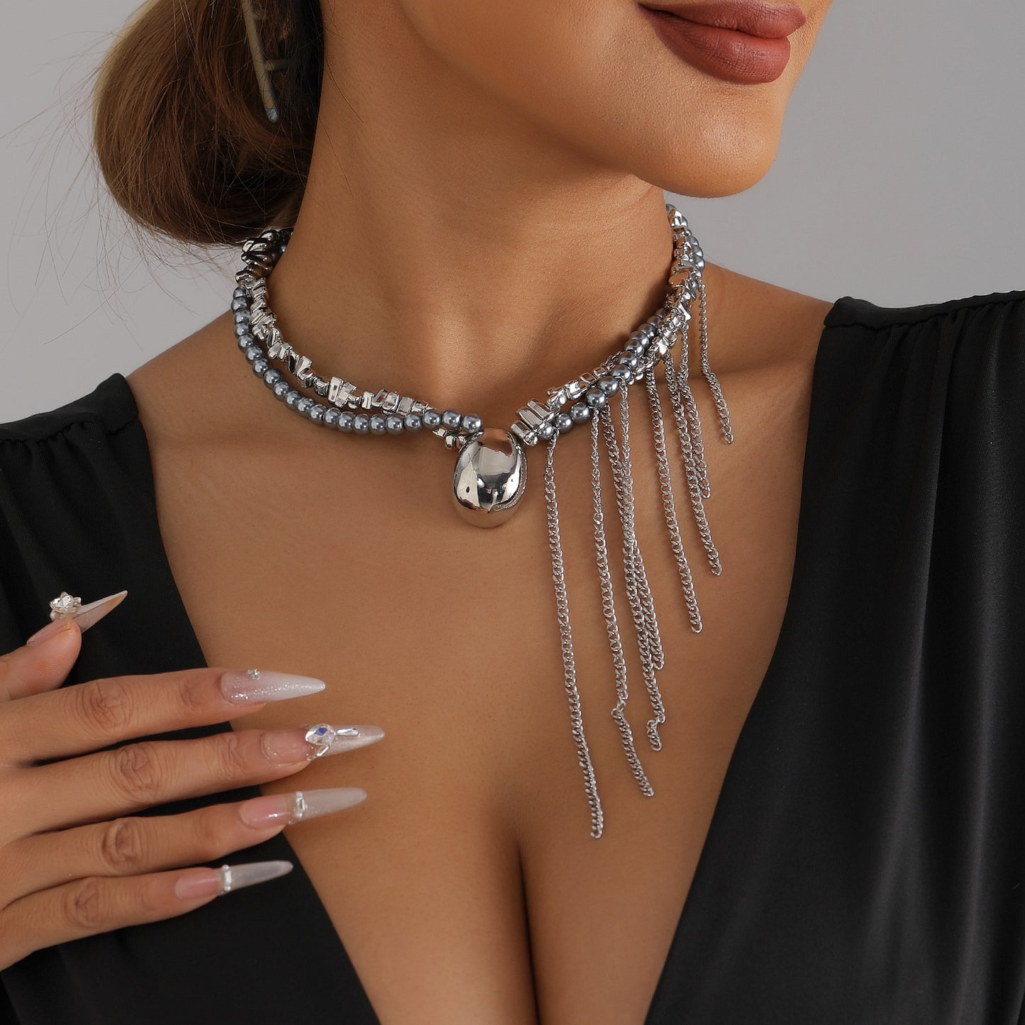 Minimalist Geometric Oval Alloy Plated Ball Chain Necklace with Tassel Multi-Layer Statement Piece for Women
