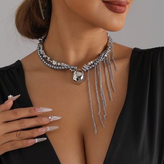 Minimalist Geometric Oval Alloy Plated Ball Chain Necklace with Tassel Multi-Layer Statement Piece for Women