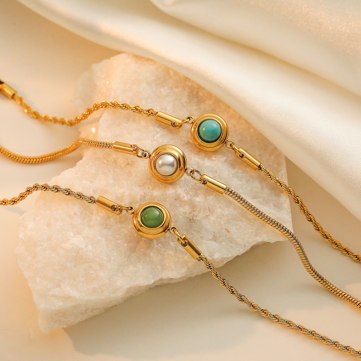 Minimalist Geometric Titanium Steel Bracelet for Women with Real Gold Plating and Turquoise Inlay