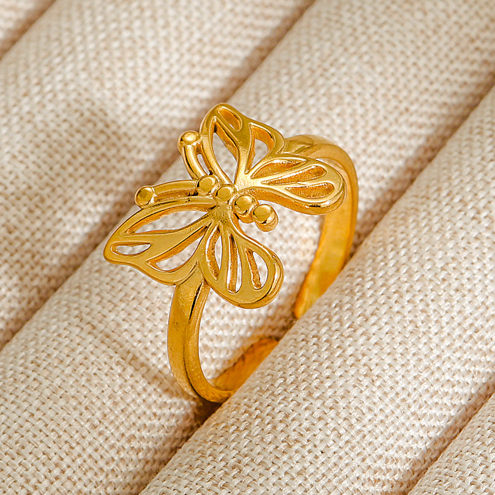 Vintage INS Style Stainless Steel Adjustable Ring with Natural Stone Inlay in Geometric Heart Zodiac and Animal Shapes