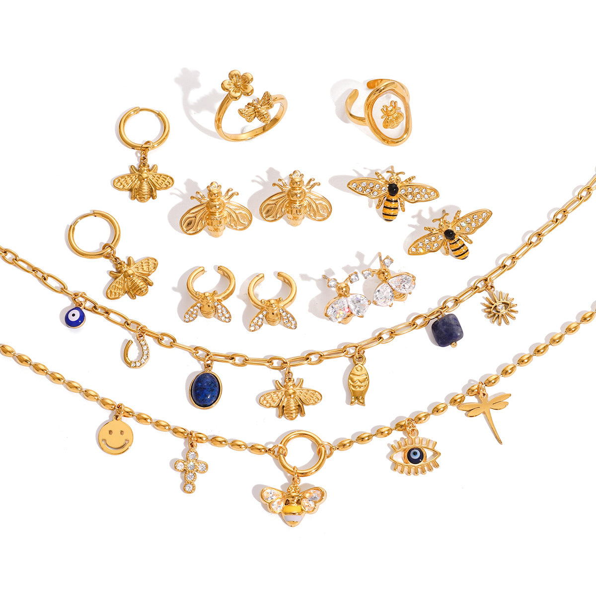 Conjunto de collar con colgante de abeja de acero inoxidable a la moda con temática de insectos, pendientes y pulsera de acero chapado en titanio para mujer