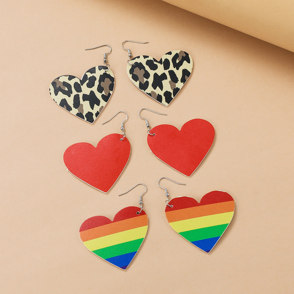 Casual Heart Shaped Leather Earrings with Checkered Gradient Leopard Print for Women