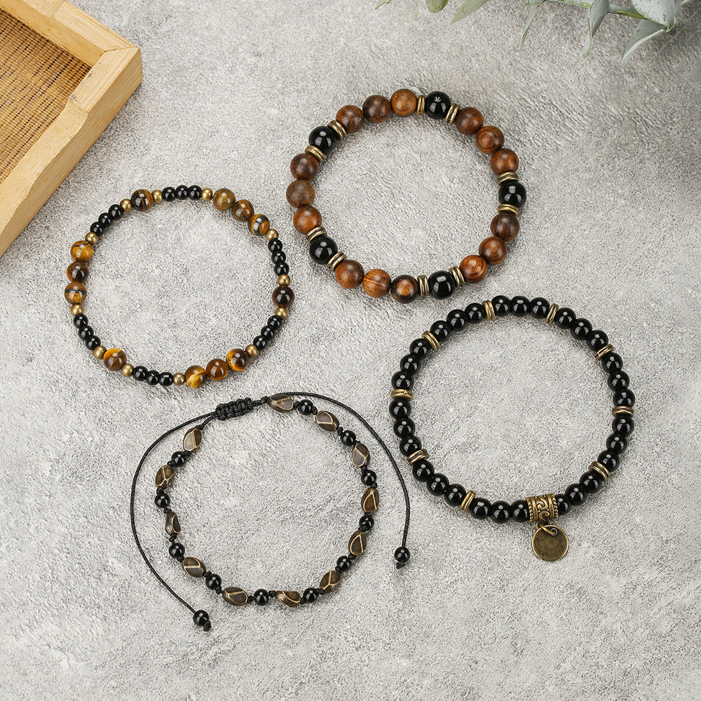 Hip-hop Men's Natural Tiger Eye Black Agate Wood Bead Stretch Bracelet Geometric Round Adjustable