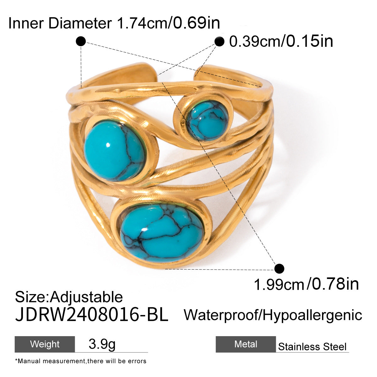 Anillo de acero inoxidable geométrico con incrustaciones de piedra turquesa para mujer, anillo de moda minimalista electrochapado