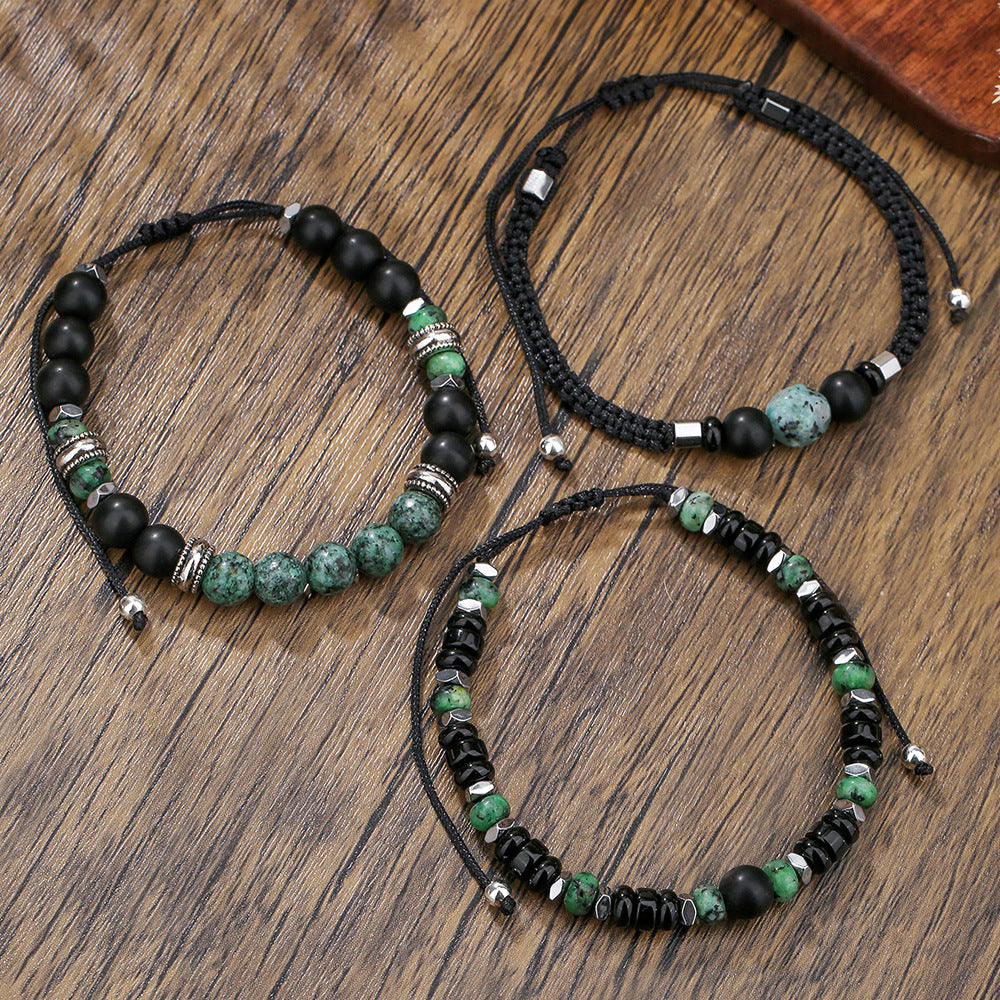 Vintage Bohemian Geometric Round Black Agate and Turquoise Beaded Stretch Bracelet for Men and Women
