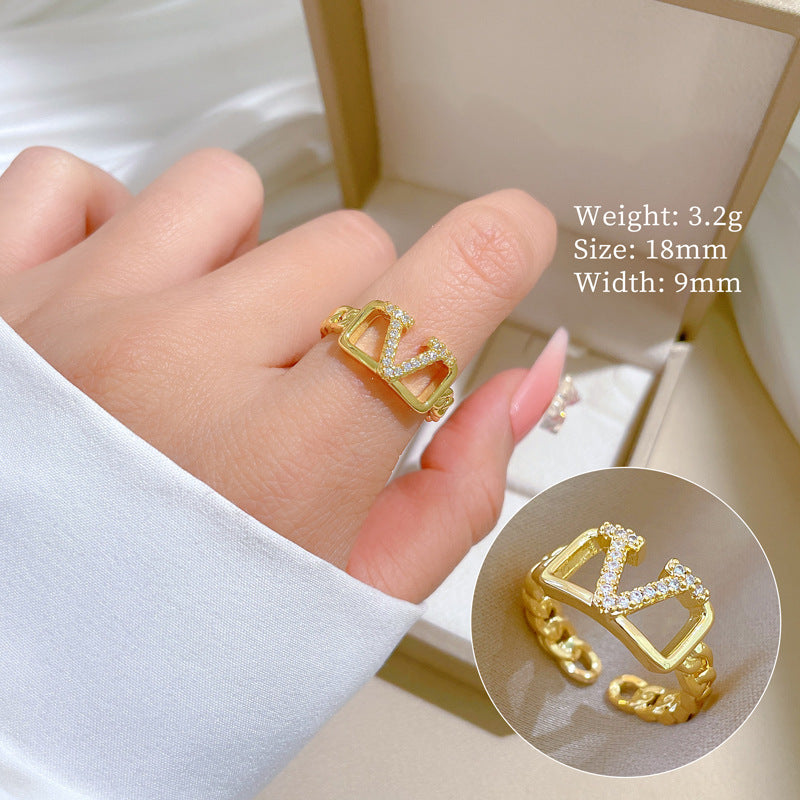 Minimalist Geometric Gold-Plated Brass Open Ring for Women with Crown Shape and Rhinestone Inlay