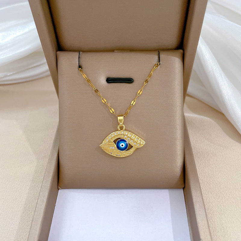 Collana Pendente Minimalista Geometrica a Occhio di Allah per Donna e Uomo in Acciaio al Titanio con Intarsio di Strass e Delicata Catena a Serpente