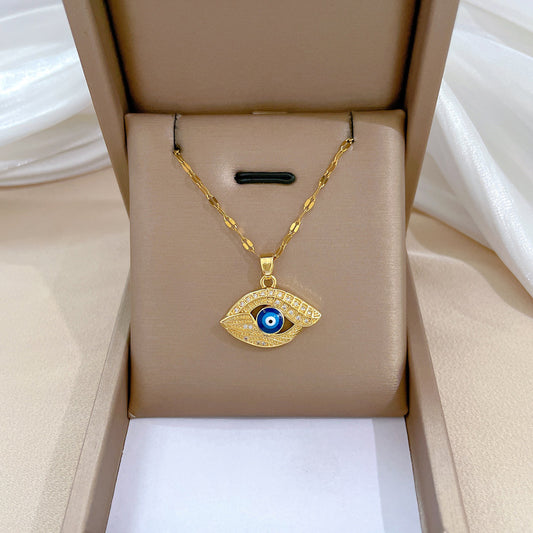 Collar con colgante de ojo turco geométrico minimalista para mujer y hombre, de acero de titanio con incrustaciones de diamantes de imitación y delicada cadena de serpiente