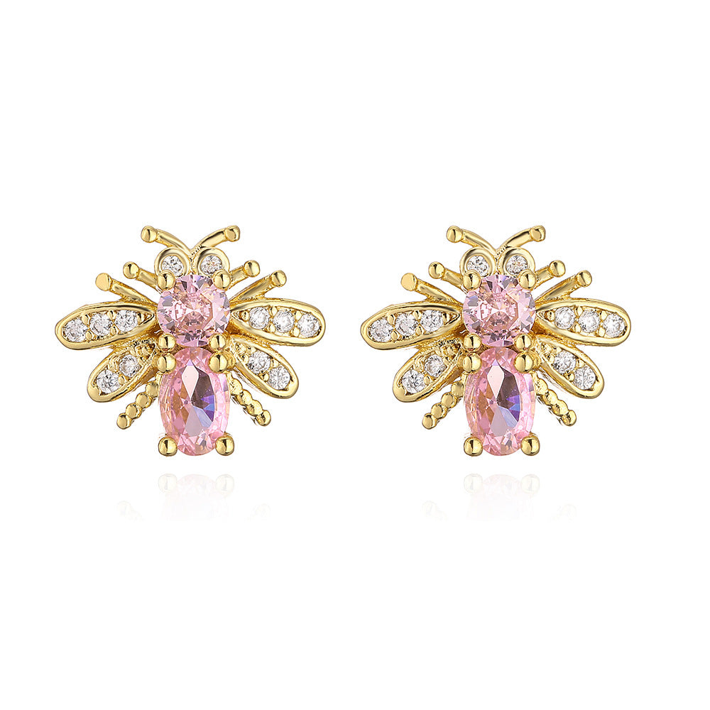Orecchini Minimalisti a Forma di Ape in Rame Placcato Oro con Zirconia Micro-Pave da Donna