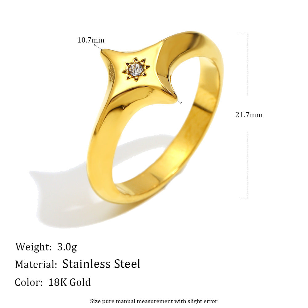 Minimalist Geometric Stainless Steel Ring with 18K Gold Plating and Rhinestone Accents for Women