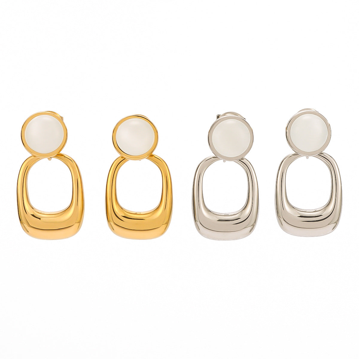INS Style Geometric Cat's Eye Stone Pendant Earrings with 18K Gold Plated Stainless Steel and Ceramic Posts, Double-Hoop Design, Polished Finish