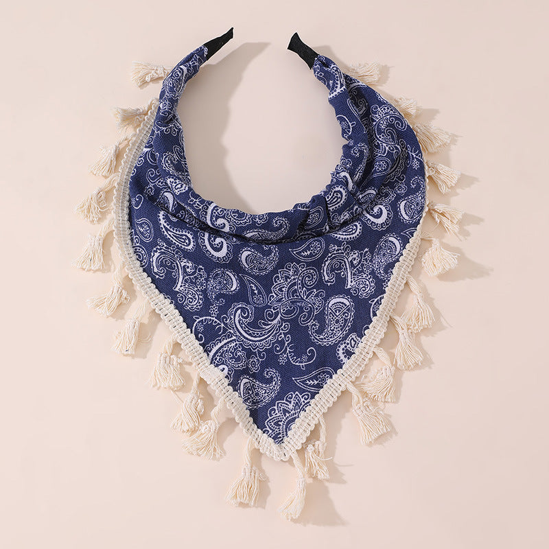 Bohemian Floral Print Headband for Kids with Lace Trim and Tassel Accents in Fabric Material