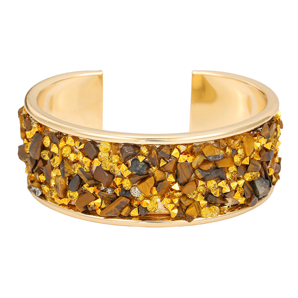 Exaggerated Geometric Round Rhinestone Inlay Plated Alloy Open Cuff Bracelet