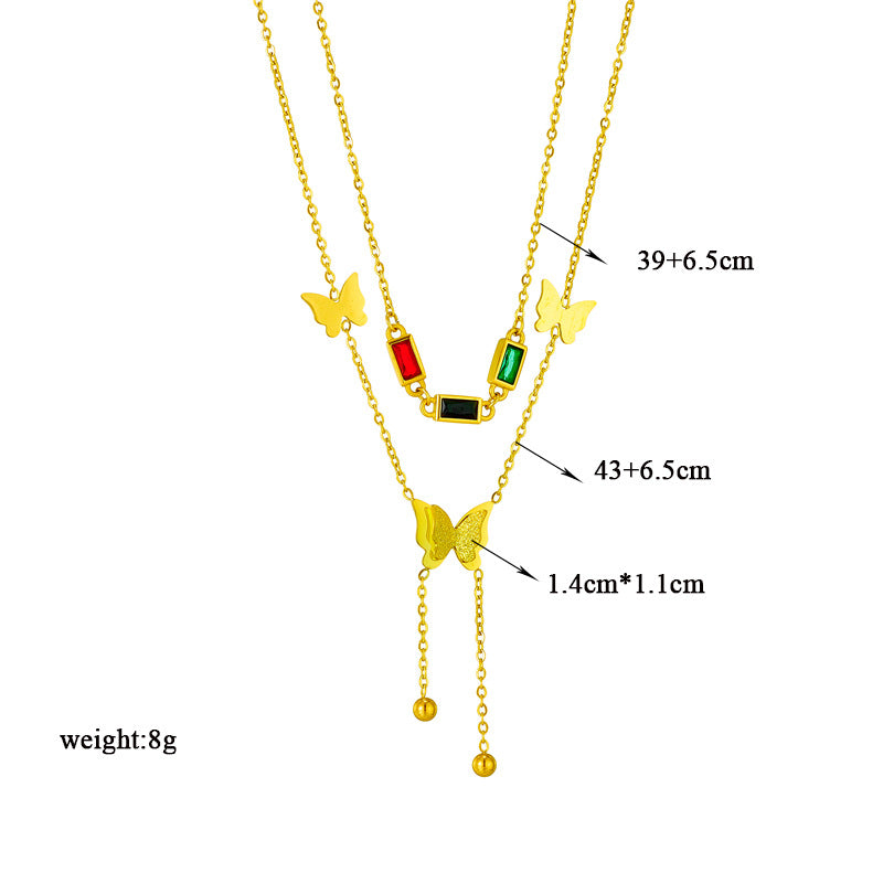 Fashionable Two-Tier Butterfly Pendant Necklace with Satin-Matte and Polished Finish in Titanium Steel with Fringe Detail for Women