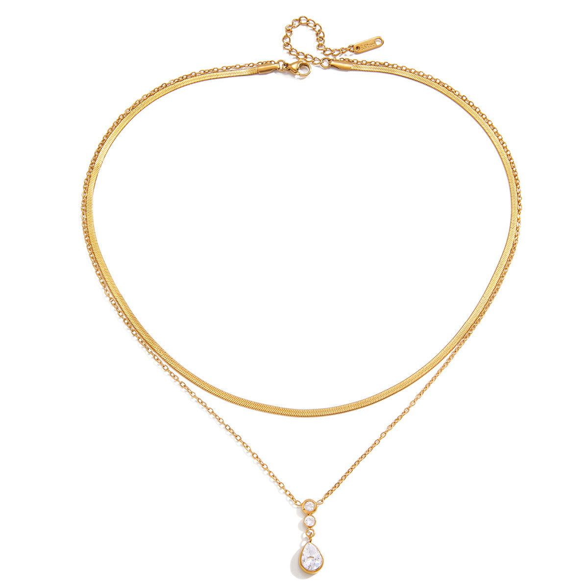 Elegant 18K Gold Plated Teardrop Geometric Stainless Steel Necklace with Cubic Zirconia for Women
