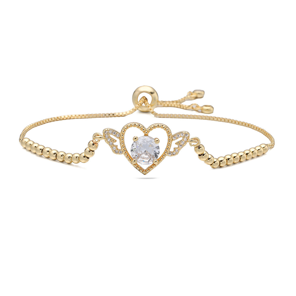 Sweet 18K Gold Plated Brass Heart Cubic Zirconia Inlay Bracelet for Women