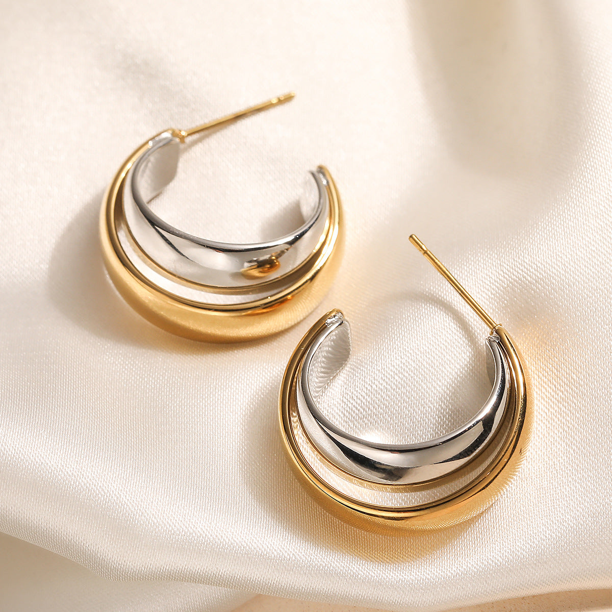 Minimalist 18K Gold Plated Geometric Stainless Steel C-Shape Earrings for Women
