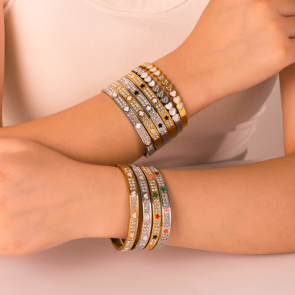 Ins Style Stainless Steel Waterproof Bracelet with Zircon Inlay White Abalone Shell and 18K Gold Plated Finish