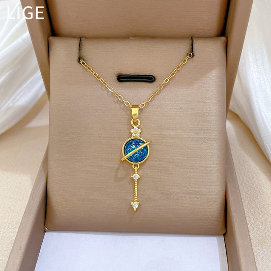 Sweet Minimalist Geometric Moon Star Rhinestone Titanium Steel Necklace for Unisex