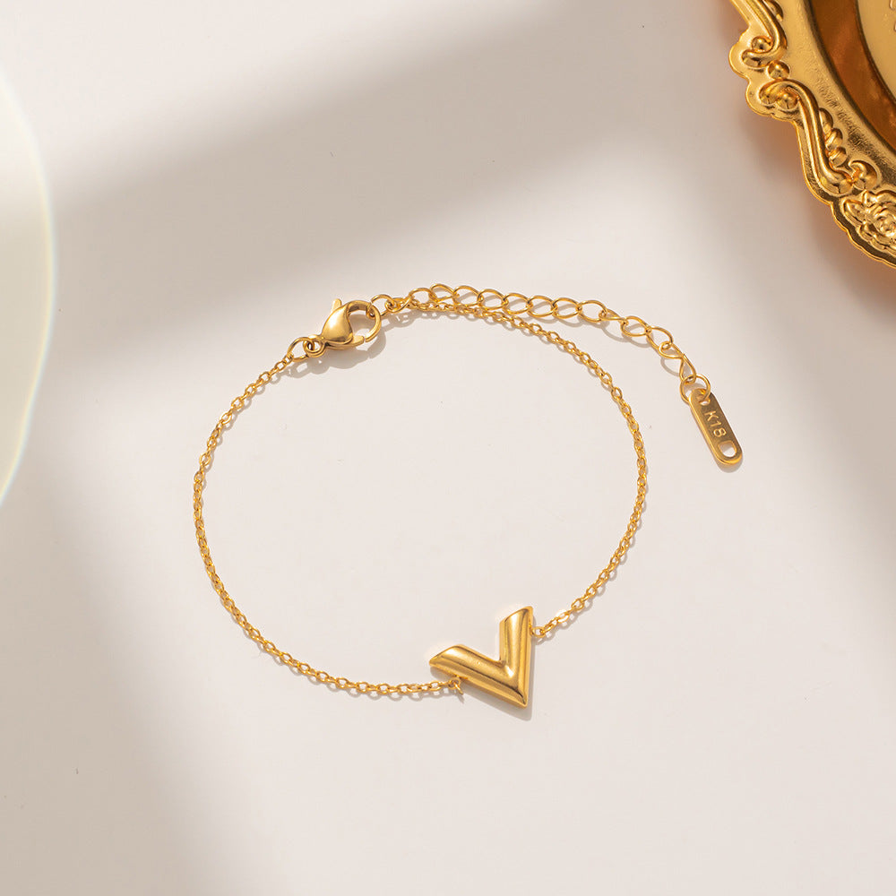 Minimalist Luxe V Letter Pendant Necklace for Women in Titanium Steel with Gold Plating