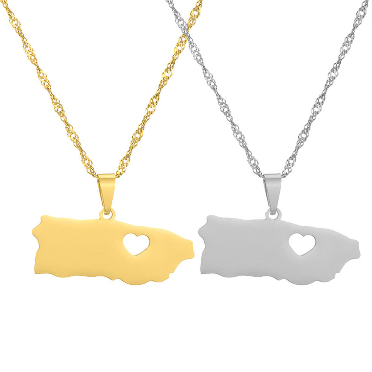Minimalist Geometric Puerto Rico Map Pendant Necklace for Men and Women in Stainless Steel with Enamel Finish