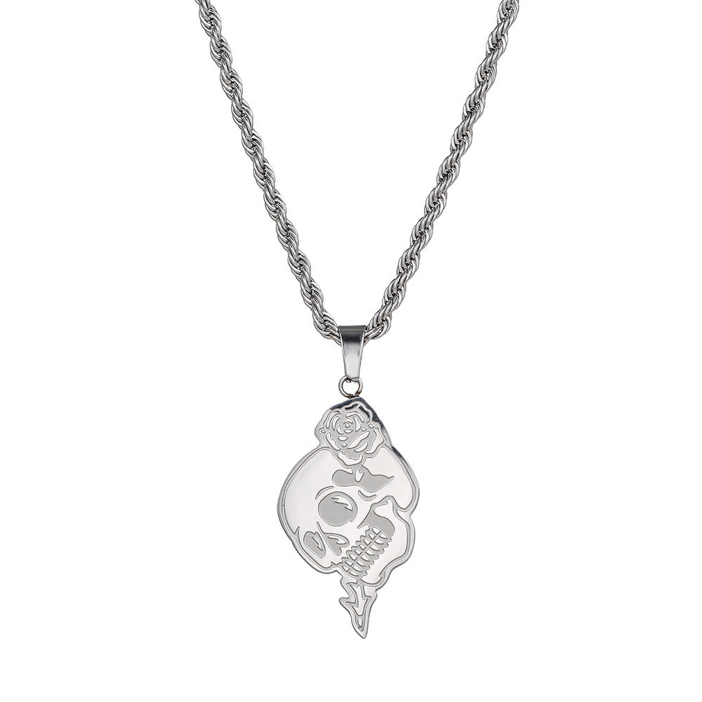 Punk Gothic Geometric Round Skull Rose Pendant Necklace Titanium Steel Rope Chain for Men and Women