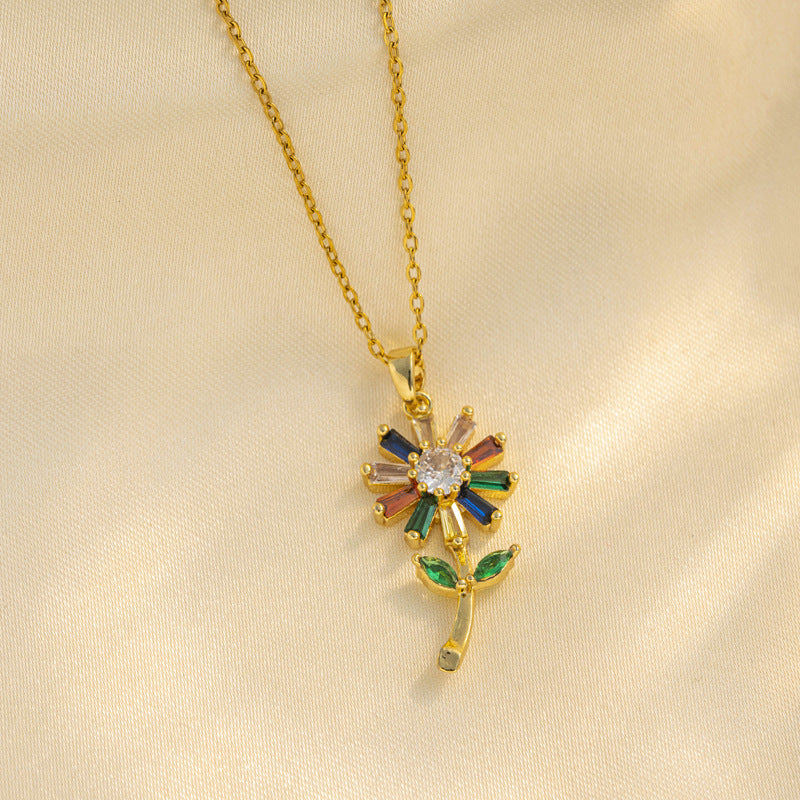 Collar Colgante Floral de Girasol Minimalista para Mujer en Acero de Titanio con Incrustación de Diamantes de Imitación en Cadena O