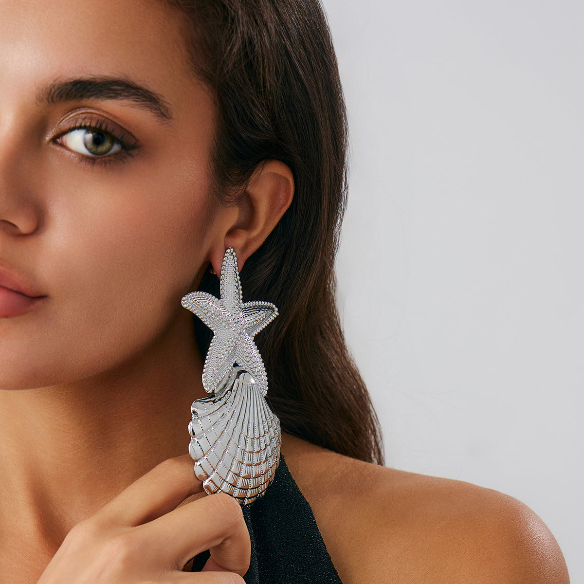 Collar con dije de estrella de mar y conchas marinas, collar con colgante en Y de aleación con acabado chapado, joyería estilo bohemio con temática oceánica para mujer