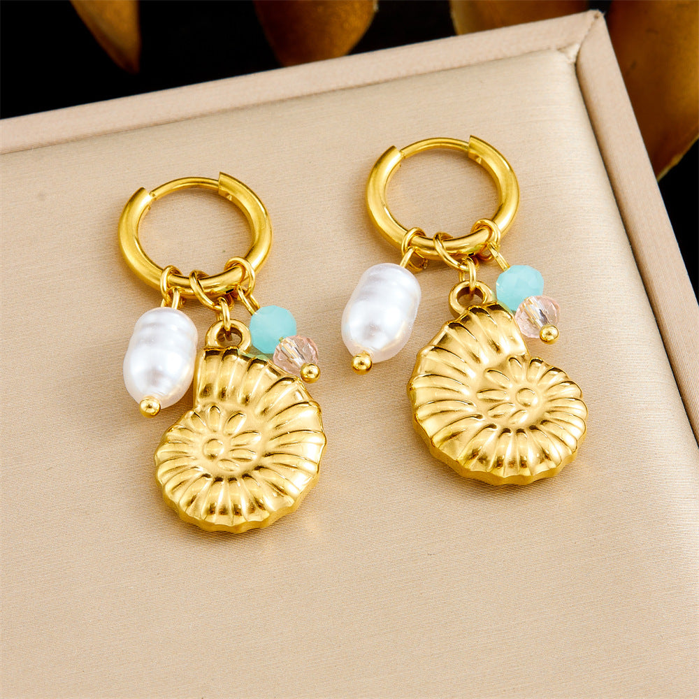Minimalist Gold Plated Conch Shell and Pearl Drop Earrings for Women