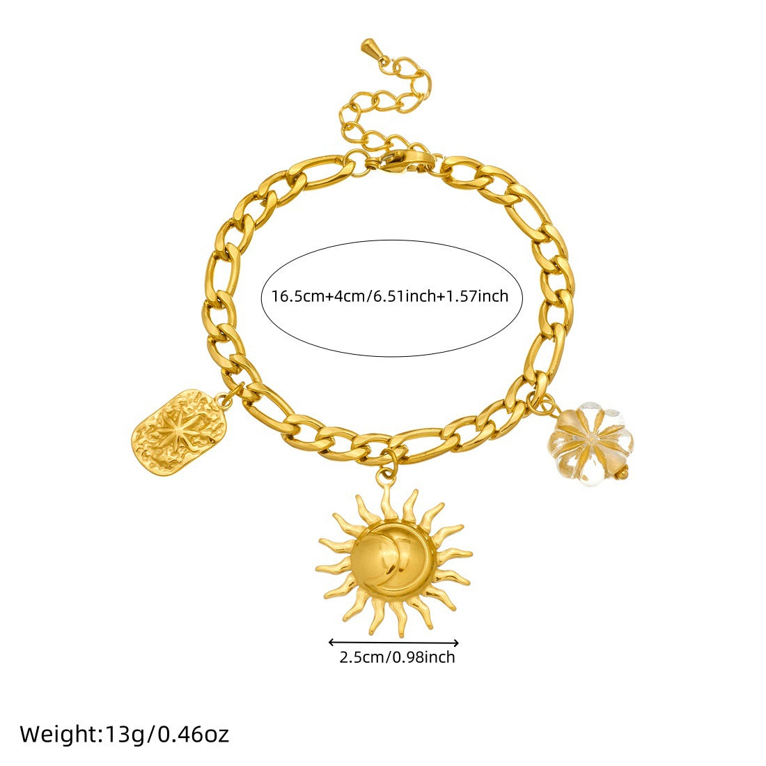 Vintage Elegant Stainless Steel Plated Round Heart Star Moon Pendant Necklace and Bracelet Set for Women with Curb Chain