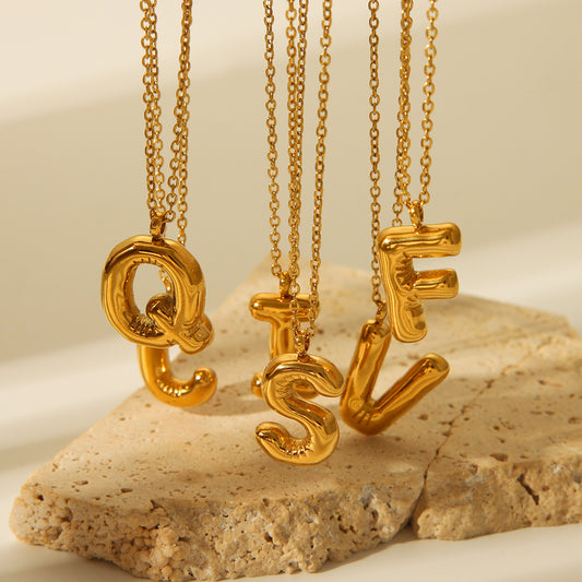 Bubble Letter Titanium Steel Necklace with Electroplated Finish for Women, Fashionable Minimalist Alphabet Pendant on Stainless Steel Chain