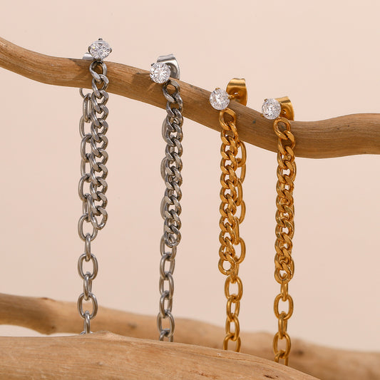 Minimalist Geometric Stainless Steel Earrings with 18K Gold Plating and Zircon Accents for Women