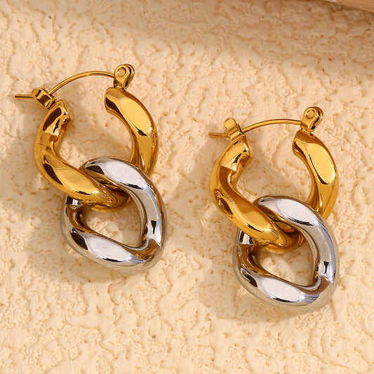 Orecchini da donna minimalisti geometrici in acciaio inossidabile placcato oro 18 carati con catena bicolore