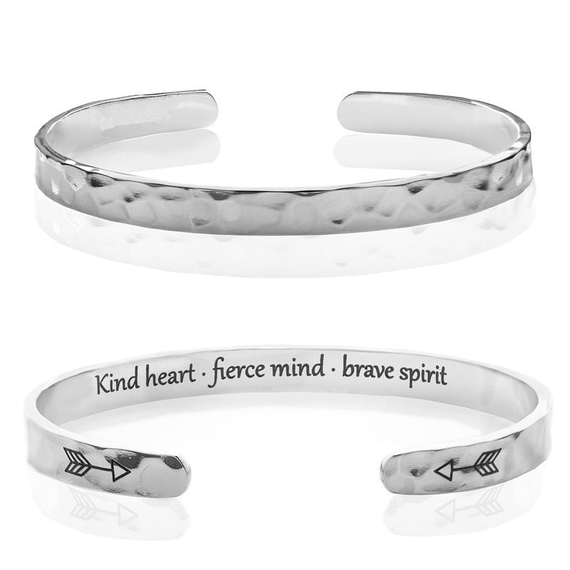 Minimalist Stainless Steel Engraved Open Moon Surface Textured Hammered Bracelet