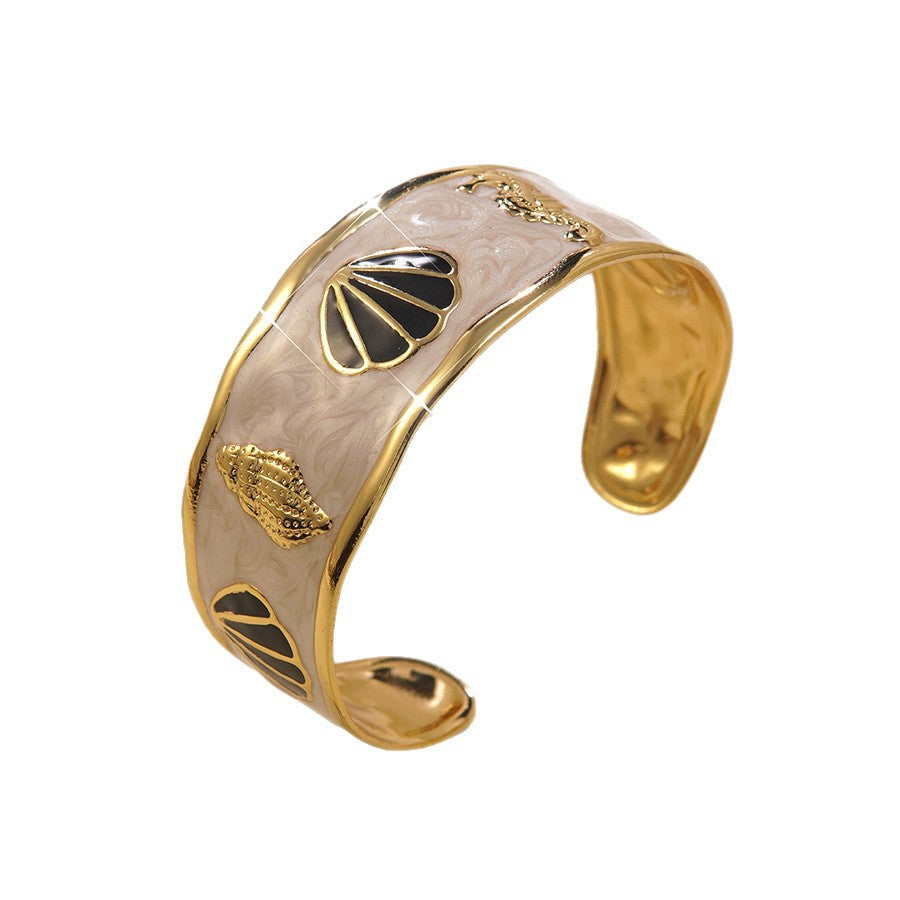 Round Drip Oil Stainless Steel Cuff Bracelet with Shell Conch Ocean Theme