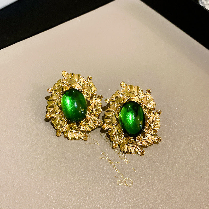 Vintage Floral Leaf Waterdrop Geometric Pearl Stud Earrings with Rhinestone Inlay and Enamel Finish for Women
