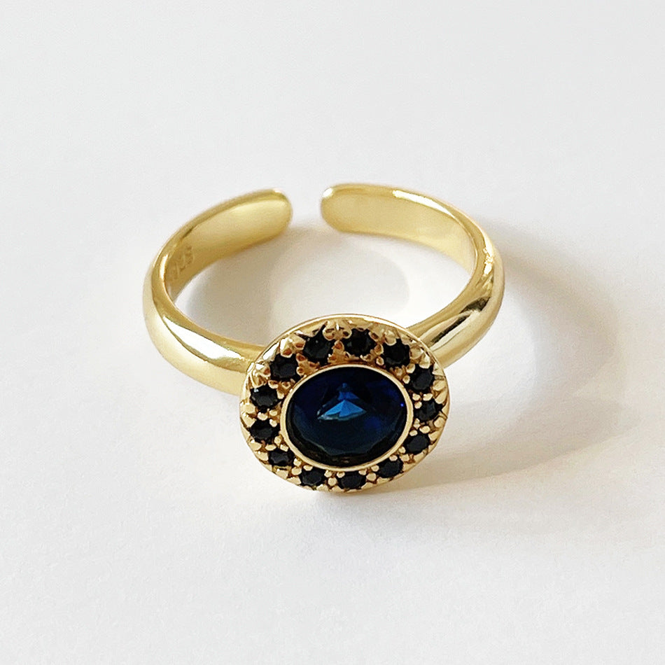 Vintage 925 Sterling Silver Geometric Round Sapphire Ring Plated Women
