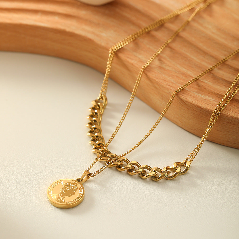 Minimalist Double-Layer Pendant Necklace with Circular Medallion Geometric Shape Titanium Steel Base and 18K Gold Plating for Women