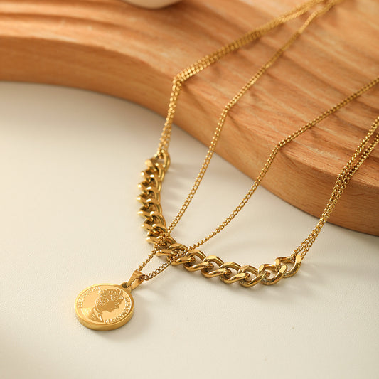 Minimalist Double-Layer Pendant Necklace with Circular Medallion Geometric Shape Titanium Steel Base and 18K Gold Plating for Women